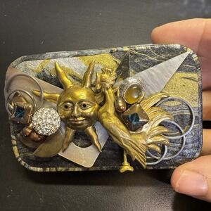 Trinket Jewelry Box Handmade Recycled Embellished Metal Sun Rooster Gold Tone‎